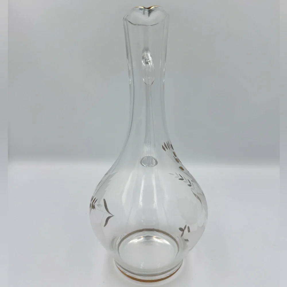Vintage Hand Blown Glass Pitcher Applied Handle Etched with Gold Gild